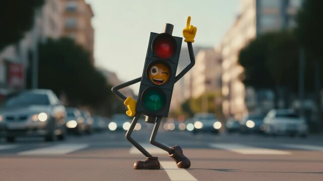 Stoplight character standing, turning, and winking on a street crosswalk in a city. Traffic rules and animation concept.