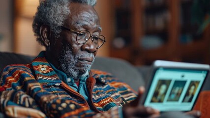 An older man sits comfortably on a couch, focused on his tablet. He examines photos displayed on the screen, enjoying a quiet moment in his living room, surrounded by books and warmth - Powered by Adobe