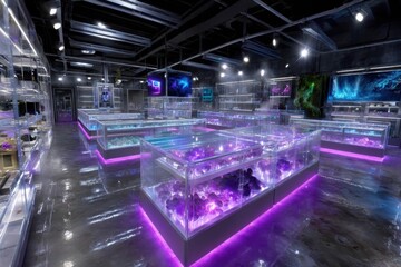 Aquatic showcase with illuminated tanks in modern aquatic display area at night