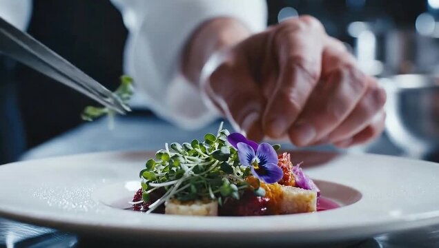 Elegant chef delicately plating vibrant microgreens and edible flowers with precise culinary artistry for a gourmet experience