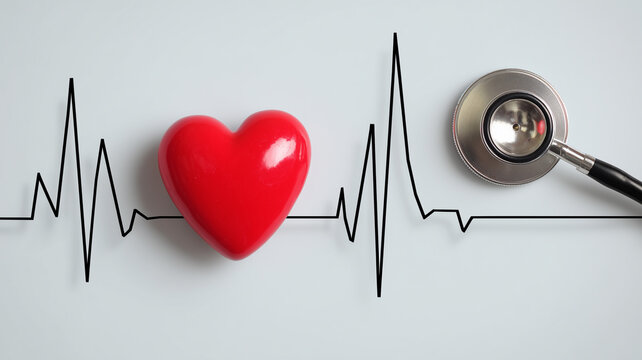 Heart health monitoring concept with stethoscope and ecg line for cardiology diagnostics and awareness