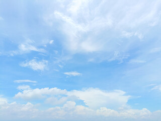 blue sky with clouds. A stunningly beautiful blue sky filled with wispy white clouds drifting gracefully. The sky above has many clouds and a wide sky. Nature blue white sky background. For backdrop, 