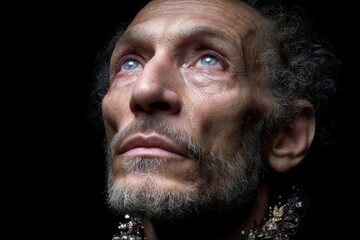 Portrait of an elderly man gazing upwards with a contemplative expression during a quiet moment