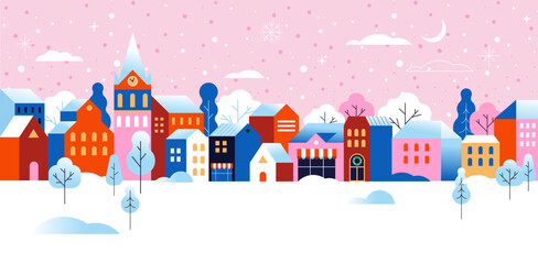 Winter town colorful geometric Christmas background. © Marina Zlochin