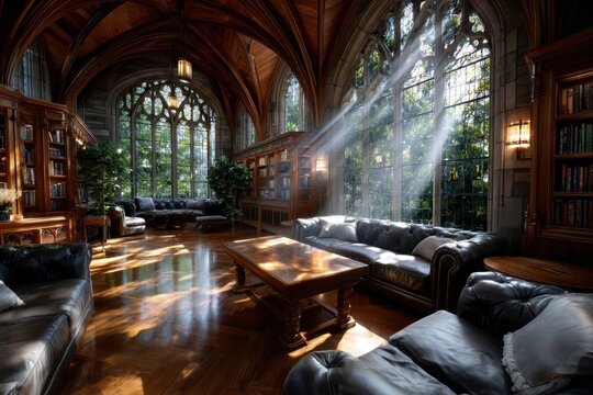 Quiet reading area in a historic library with sunlight streaming through large windows - Powered by Adobe