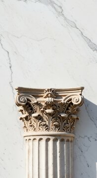 Ancient decorative architectural fragment set against a pure white marble texture, evoking classical history and aesthetic purity, clean, stone, antiquity