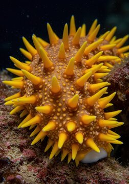 An extraordinary bright yellow sea cucumber displaying prominent, defensive, sharp, spiky protrusions underwater in its marine habitat ,marine, ocean, biology