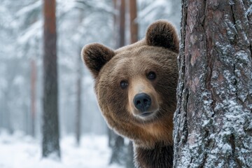 Obraz premium Brown Bear Peeking From Behind a Tree in a Snowy Forest During Winter