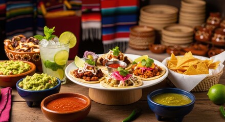Authentic Mexican culinary spread. Delicious tacos, fresh guacamole, spicy sauces, crisp tortilla chips, a zesty lime drink artfully arranged on a rustic wooden surface with vibrant cultural textiles.