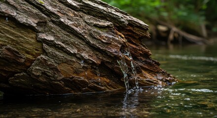 Fototapeta premium Close up view of rough tree bark partially submerged and washed by clear, flowing stream water in a natural forest setting, wet, brown, water