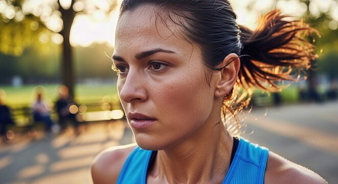 Determined female athlete displaying profound concentration, drenched in perspiration, pushing physical limits during an intense outdoor workout as dusk approaches. - Powered by Adobe