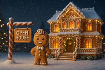 Gingerbread Open House – Christmas Real Estate Concept with Festive Gingerbread Mansion