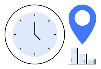 Clock emphasizes time, blue location marker highlights place, and bar graph denotes progress or data analysis. Ideal for scheduling, planning, navigation, tracking, milestones, growth simple flat