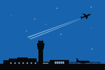 airport airplane runway terminal controltower night apron jet on tarmac and plane flying over starry sky