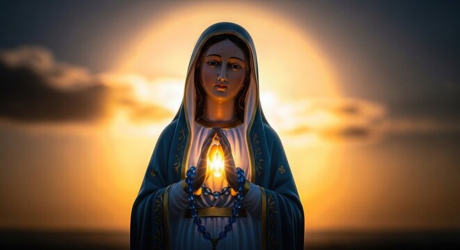 Our Lady of Caacupe Day in Paraguay, a holy Christian holiday. Virgin Mary statue clasps a luminous rosary, celebrating the Immaculate Conception feast at sunset.