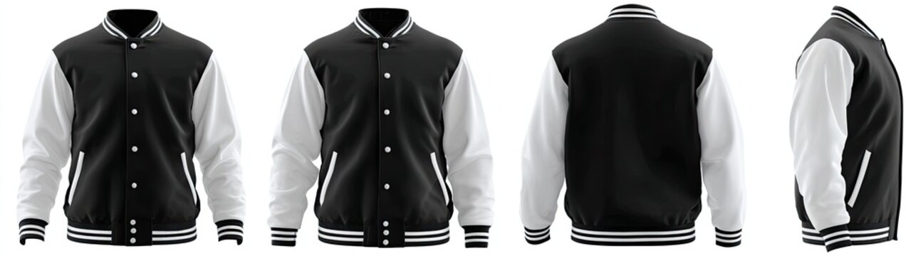 Black & white letterman jacket views in studio
