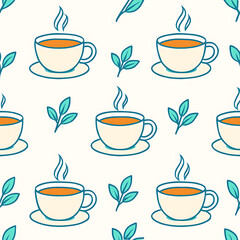 Obraz premium Cute HandDrawn Tea and Leaves Seamless Pattern.