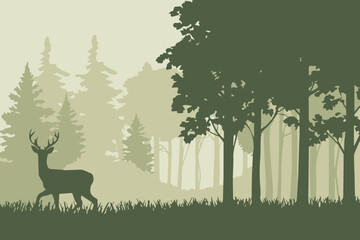 deer standing among trees layered forest vector landscape scene