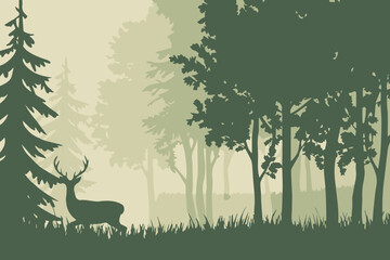 deer in meadow silhouette with layered trees vector illustration © AIcon Star