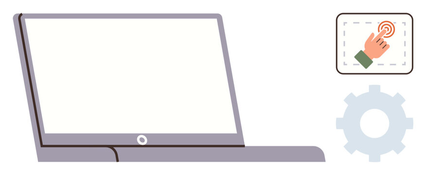 Open laptop with blank screen, touch interaction icon, and gear symbol. Ideal for technology, user interface, IT systems, automation, education software development customization. Simple flat