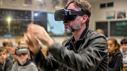 An instructor demonstrates a virtual reality experience to a group of attentive students in a classroom. The setting fosters an innovative approach to learning through technology - Powered by Adobe