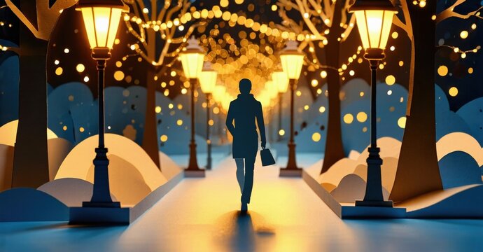 Silhouette walks path illuminated by lamps, winter scene. Papercraft style evokes cozy atmosphere, soft lighting, snowfall.