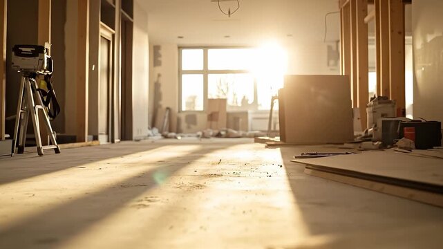 A sunlit room under renovation has a wooden floor and scattered tools, showcasing an unfinished setting. The warm light illuminates the wooden beams, adding depth to the scene.
