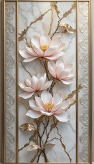 Elegant 3D magnolia flowers on a luxurious marble background with gold veins.