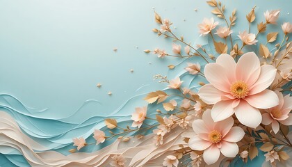 Elegant 3D Paper Flowers on a Serene Blue Wavy Background.