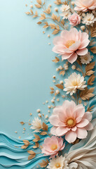 Elegant 3D paper flowers on a light blue background.
