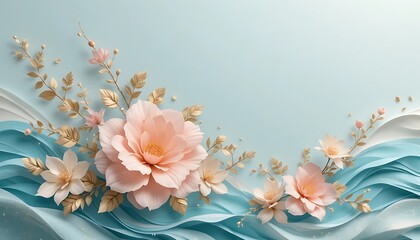 Elegant 3D paper flowers with golden leaves on a soft blue wavy background 1.