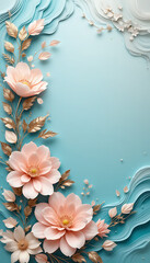 Elegant 3D papercraft flowers with pink and gold leaves on a wavy blue background.