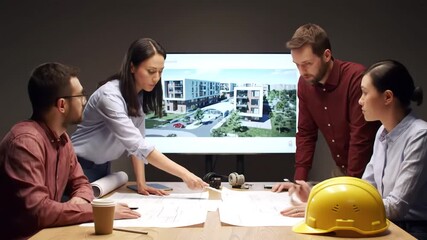 Diverse team of architects and engineers collaborating on a new residential building project reviewing blueprints and a 3D rendering on a large screen in a modern office meeting room discussing desig. - Powered by Adobe