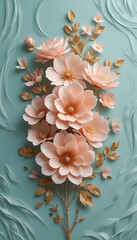 Elegant 3D pink flowers with golden leaves on a textured background.