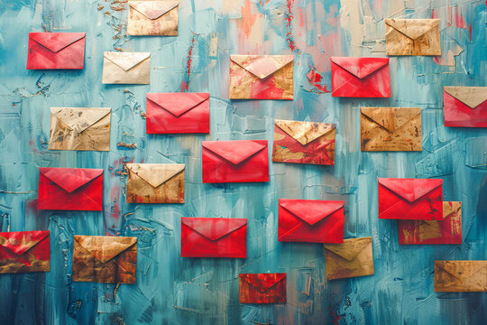Envelopes creating a communication pattern on painted background