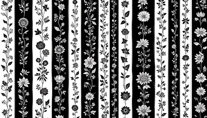 Elegant Black and White Vertical Floral Striped Pattern.