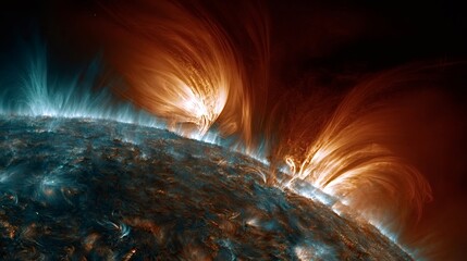 Sun's plasma showing intense magnetic activity, creating bright, arching coronal loops and numerous solar flares erupting from the star's glowing surface, highlighting the extreme energy