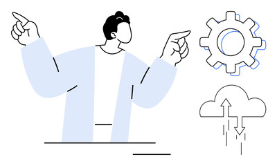 Man gesturing towards cloud and gear icons symbolizing technology, cloud services, and development. Ideal for technology, cloud computing, teamwork, data, innovation, IT solutions simple flat
