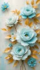 Elegant Blue and White Flowers with Golden Leaves on a Textured Wall.