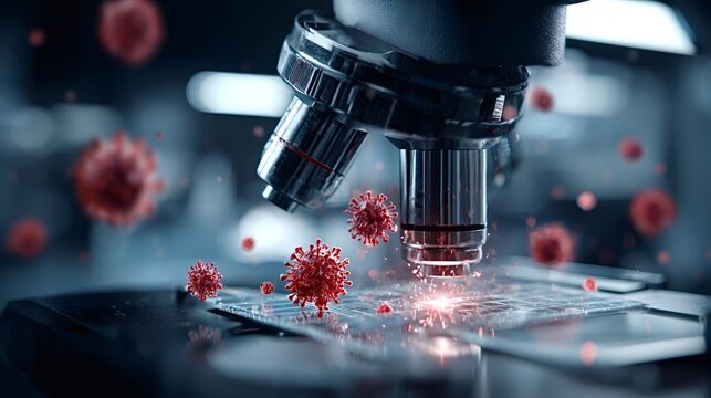 Microscope focusing on microscopic virus cells and bacteria on a glass slide in a scientific laboratory setting, representing research, infectious diseases, and medical innovation