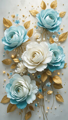 Elegant Blue and White Roses with Golden Leaves and Pearls.