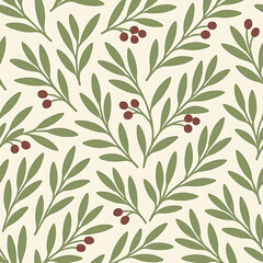 Elegant Botanical Foliage and Berry Seamless Pattern.