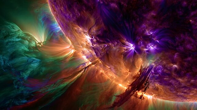 Sun's surface displaying powerful solar flare activity, releasing vibrant streams of colorful plasma and energy into the abstract cosmos, highlighting astronomical forces and dynamic space phenomena