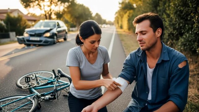 Woman puts a bandage on man's arm after a bicycle accident with a crashed car nearby on the road, traffic incident footage.