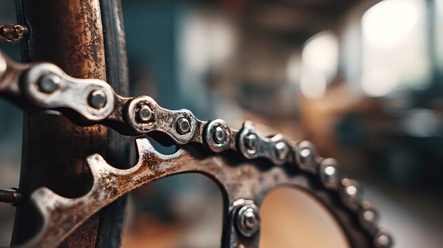 Close up macro view of a rusty bicycle chain and sprocket, highlighting the textured metal components and evoking themes of mechanics, endurance, and decay
