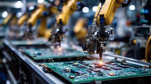 Industrial robots precisely placing components onto circuit boards on an automated assembly line, representing advanced manufacturing, technology, and electronics production in a modern day factory - Powered by Adobe