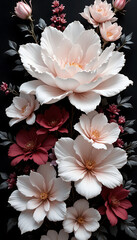 Elegant bouquet of white pink and red flowers on a black background.