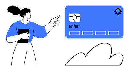 Woman holding a tablet pointing at a digital card. Themes Ideal for finance, transaction, payment, technology, banking, online shopping, digital innovation. Simple flat metaphor