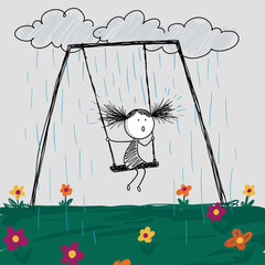 Girl swinging alone in the rain with colorful flowers around. Doodle drawing in the style. 