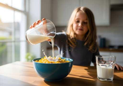 A blurred little girl smiles while pouring milk into a bowl of corn flakes for a quick, healthy breakfast in a bright kitchen